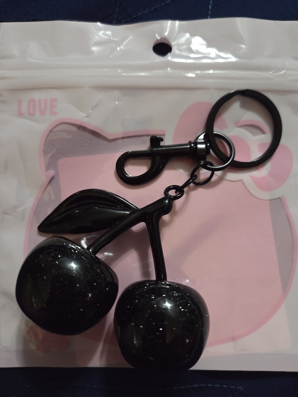Black Glitter Cherry Keychain Keyring NEW